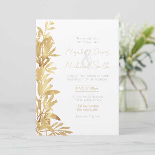 金ゴールドエレガントオリーブ枝白パターン 招待状 (スタンド正面)