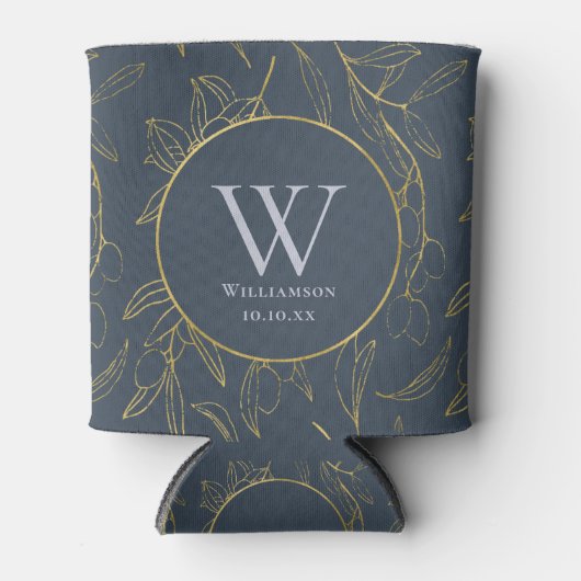 金ゴールドエレガントオリーブ葉フローラモノグラム結婚ズ 缶クーラー (正面)