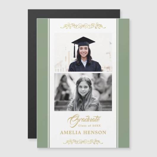 金ゴールドエレガントオーナメントの卒業式2光磁気 マグネット招待状 (正面/裏面)