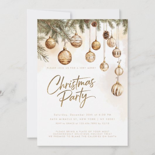 金ゴールドエレガントオーナメントボーブルクリスマスパーティー 招待状 (正面)