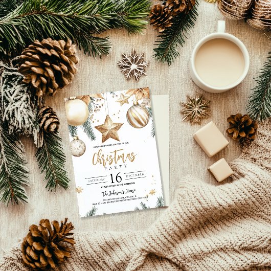 金ゴールドエレガントオーナメントポインセチアパーティー 招待状