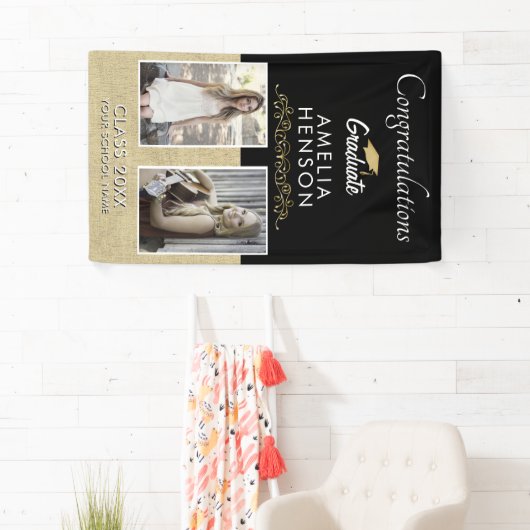 金ゴールドエレガントオーナメント院生2写真卒業 横断幕 (インサイチュ)