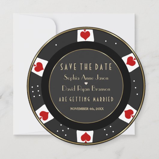 金ゴールドエレガントカジノベガストランプのポーカーチ結婚ップ セーブザデート (正面)