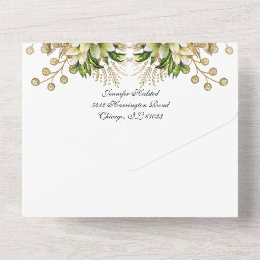 金ゴールドエレガントカソリッ結婚クフローラ オールインワン招待状 (裏面)