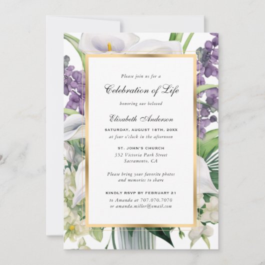 金ゴールドエレガントカラリリー生命の写真お祝い 招待状 (正面)