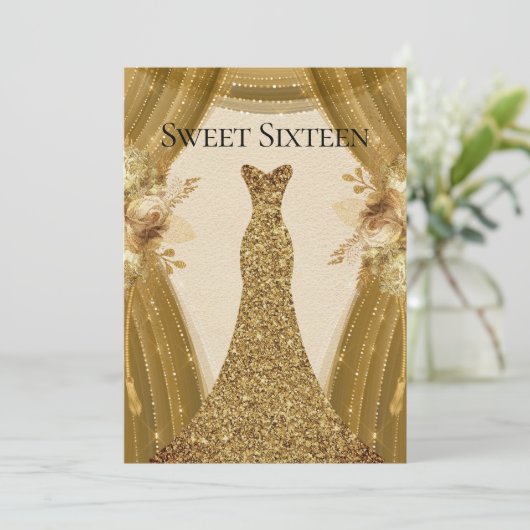 金ゴールドエレガントカーテンドレススウィート16招待状 招待状 (スタンド正面)