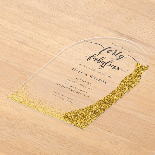 金ゴールドエレガントガウン40歳の素晴らしい誕生日 アクリル招待状 (レイダウン)