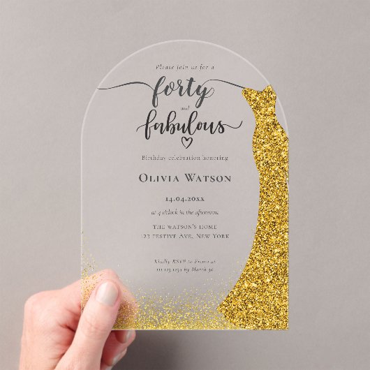 金ゴールドエレガントガウン40歳の素晴らしい誕生日 アクリル招待状 (インサイチュ (ポータブル))