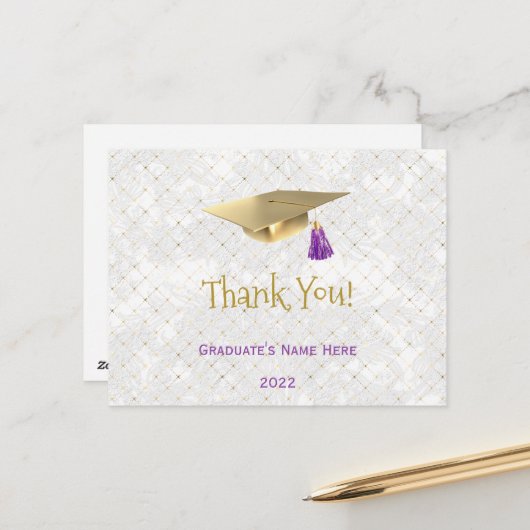 金ゴールドエレガントキャップパープル卒業ありがとう ポストカード (正面/裏面インサイチュ)