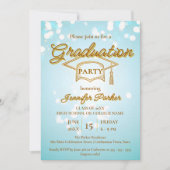 金ゴールドエレガントキャップONブルーフォト卒業パーティー 招待状 (正面)