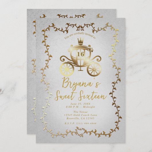 金ゴールドエレガントキャリッジホワイトストーリーブックスウィート16 招待状 (正面/裏面)