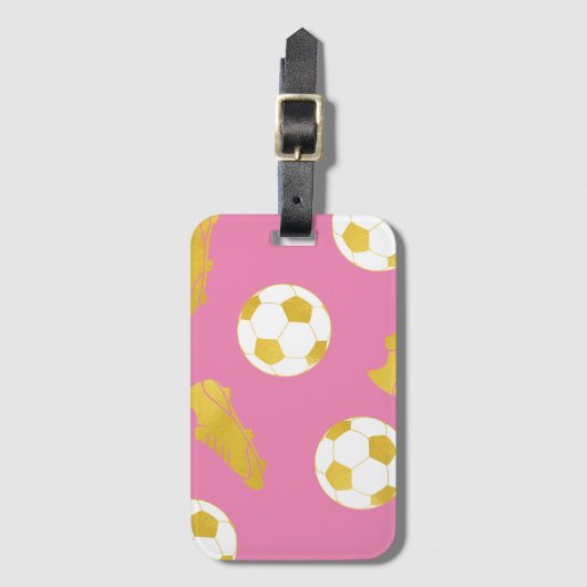 金ゴールドエレガントクラシックサッカーのボールのピンクガール ラゲッジタグ (正面縦)