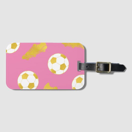 金ゴールドエレガントクラシックサッカーのボールのピンクガール ラゲッジタグ (正面横)