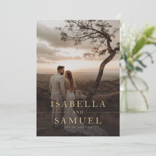 金ゴールドエレガントクラシックタイポグラフィ写真結婚の写真 招待状 (スタンド正面)