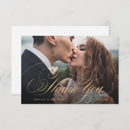 金ゴールドエレガントクラシック書道結婚写真 サンキューカード (正面/裏面)