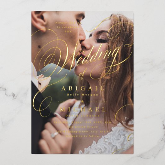 金ゴールドエレガントクラシック書道結婚写真 箔招待状 (正面)