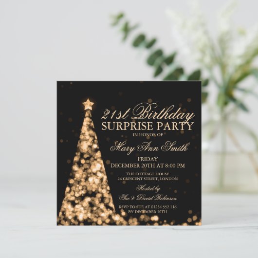 金ゴールドエレガントクリスマスサプライズ21歳の誕生日 招待状 (スタンド正面)
