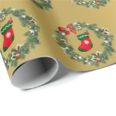 金ゴールドエレガントクリスマスソックス&リースパターン ラッピングペーパー (ロールコーナー)