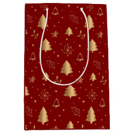 金ゴールドエレガントクリスマスツリーと赤の鐘 ミディアムペーパーバッグ