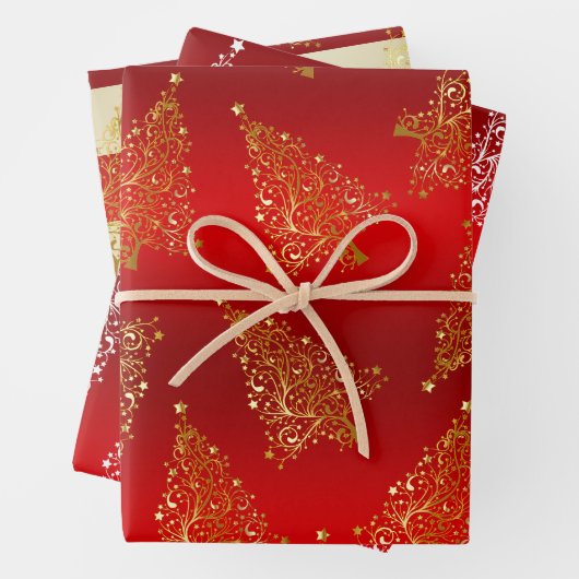 金ゴールドエレガントクリスマスツリーパターン ラッピングペーパーシート (インサイチュ)