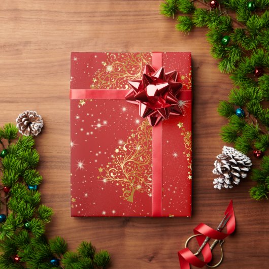 金ゴールドエレガントクリスマスツリーパターン ラッピングペーパー (クリスマスギフト)