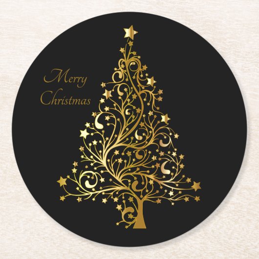 金ゴールドエレガントクリスマスツリーフェスティバルモダンアートおもしろい ラウンドペーパーコースター (正面)