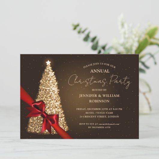 金ゴールドエレガントクリスマスツリーリボンホリデーパーティー 招待状 (スタンド正面)