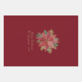 金ゴールドエレガントクリスマスツリーレッドポインセチアフローラ ラッピングペーパーシート