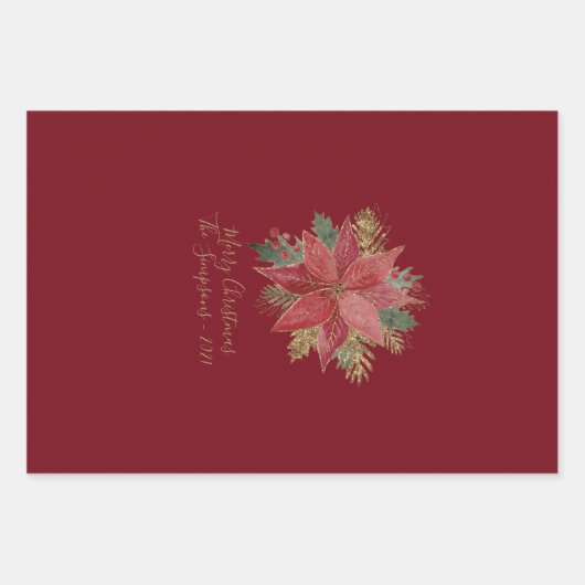 金ゴールドエレガントクリスマスツリーレッドポインセチアフローラ ラッピングペーパーシート (正面)