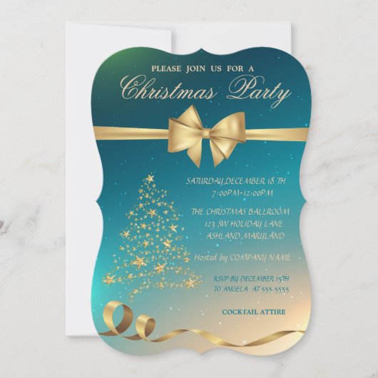 金ゴールドエレガントクリスマスツリー、弓クリスマスパーティー 招待状 (正面)