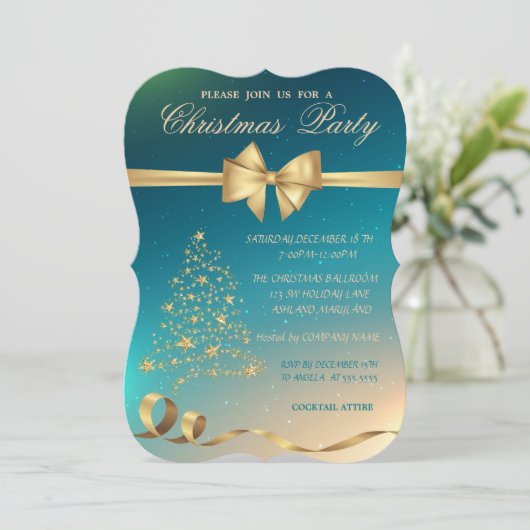 金ゴールドエレガントクリスマスツリー、弓クリスマスパーティー 招待状 (スタンド正面)