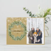 金ゴールドエレガントクリスマスフォトグリーナリーリースハッピー シーズンカード (スタンド正面)