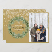 金ゴールドエレガントクリスマスフォトグリーナリーリースハッピー シーズンカード (正面/裏面)