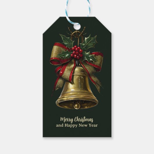 金ゴールドエレガントクリスマスベルとフェスティバルボウホリー ギフトタグ (正面)