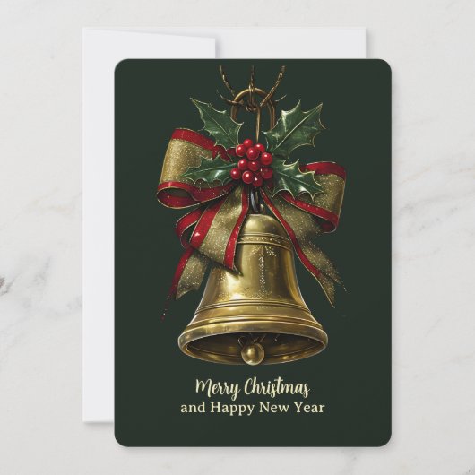 金ゴールドエレガントクリスマスベルとフェスティバルボウホリー シーズンカード (正面)