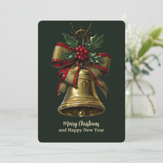 金ゴールドエレガントクリスマスベルとフェスティバルボウホリー シーズンカード (スタンド正面)