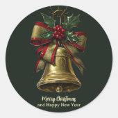 金ゴールドエレガントクリスマスベルとフェスティバルボウホリー ラウンドシール (正面)
