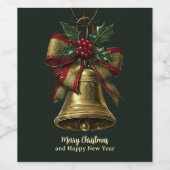金ゴールドエレガントクリスマスベルとフェスティバルボウホリー ワインラベル (シングルラベル)