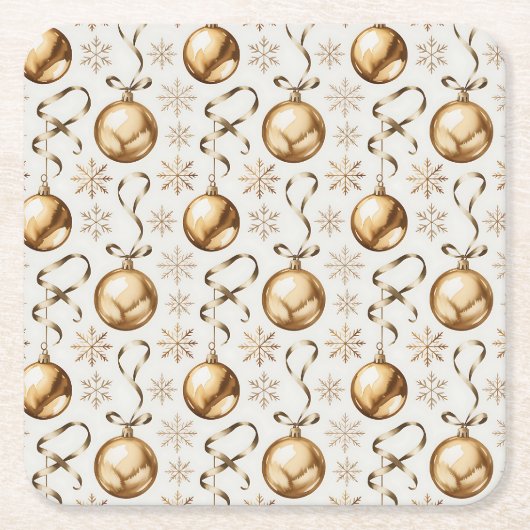 金ゴールドエレガントクリスマスボール&スノーフレーク スクエアペーパーコースター (正面)