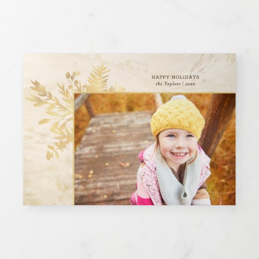 金ゴールドエレガントクリスマス植物写真 三つ折りクリスマスカード (カバー)