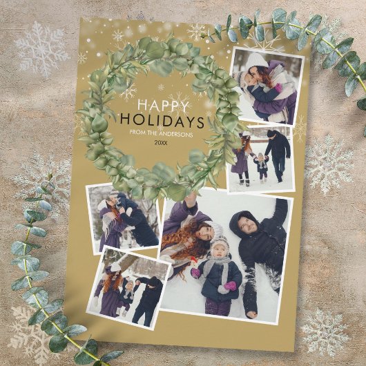 金ゴールドエレガントクリスマス5フォトコラージグリーナリー シーズンカード