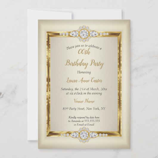 金ゴールドエレガントクリームダイヤモンドバースデーパーティー 招待状 (正面)