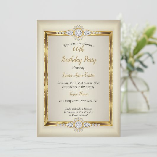 金ゴールドエレガントクリームダイヤモンドバースデーパーティー 招待状 (スタンド正面)