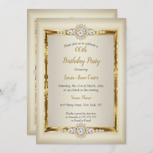 金ゴールドエレガントクリームダイヤモンドバースデーパーティー 招待状 (正面/裏面)