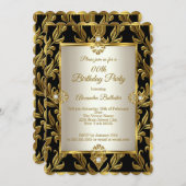 金ゴールドエレガントクリームダマスクブラックバースデーパーティー 招待状 (正面/裏面)