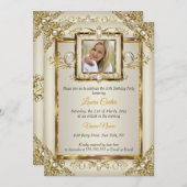 金ゴールドエレガントクリームパールダマスクフォト誕生日 招待状 (正面/裏面)