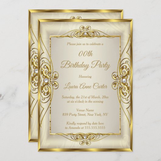 金ゴールドエレガントクリームパールフォトバースデーパーティー 招待状 (正面/裏面)