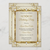 金ゴールドエレガントクリームパールフォトバースデーパーティー 招待状 (正面/裏面)
