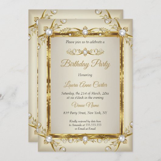 金ゴールドエレガントクリームパールフォトバースデーパーティー 招待状 (正面/裏面)