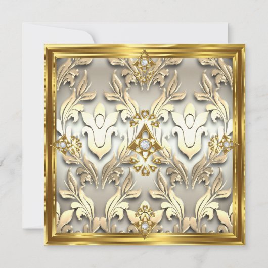 金ゴールドエレガントクリームベージュダマスク誕生日パーティー 招待状 (裏面)